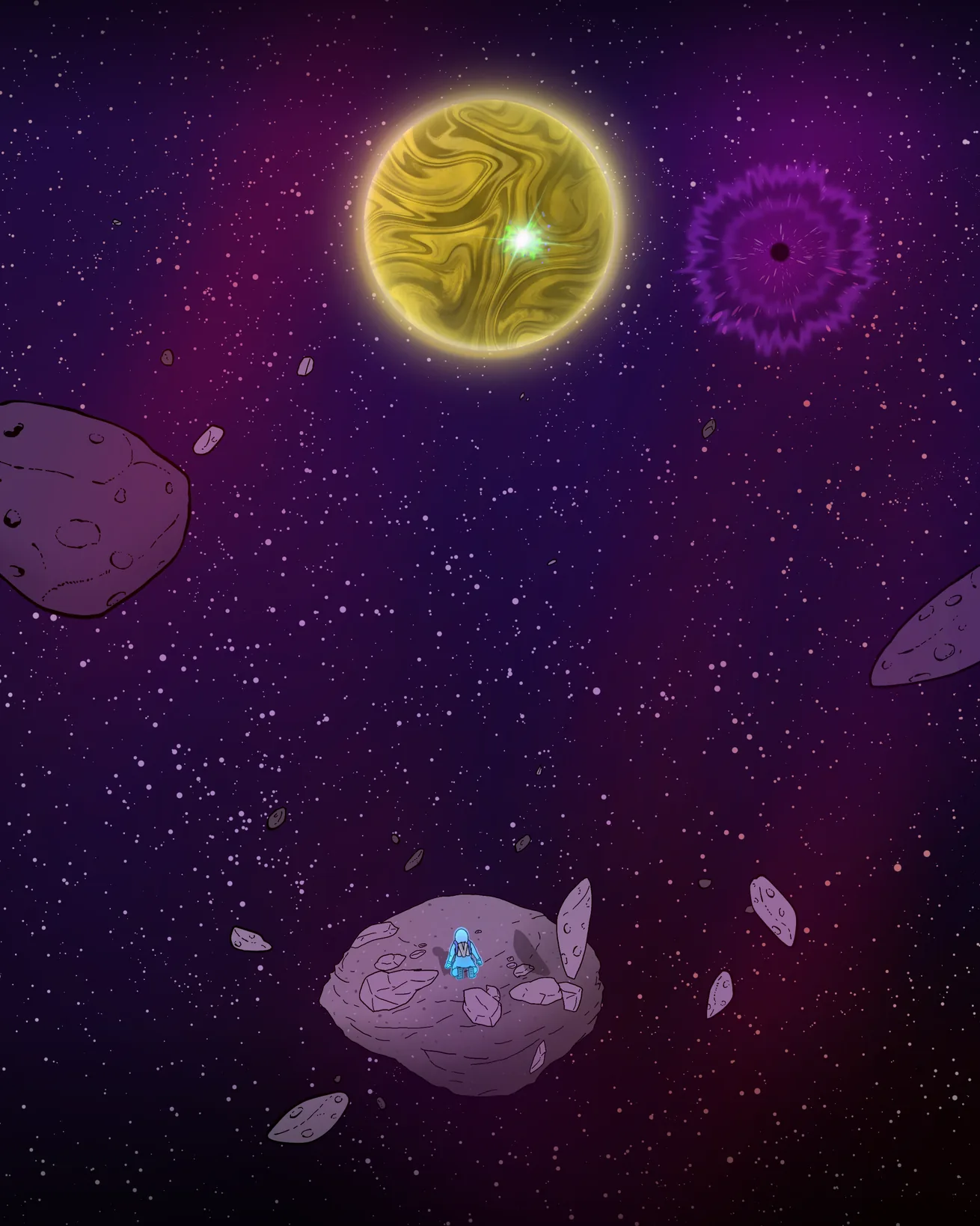 A Space Asylum spaceship drifting through space